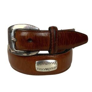 Harold Powell Mens Brown Leather Concho Belt Size 36 Silver-Tone Buckle